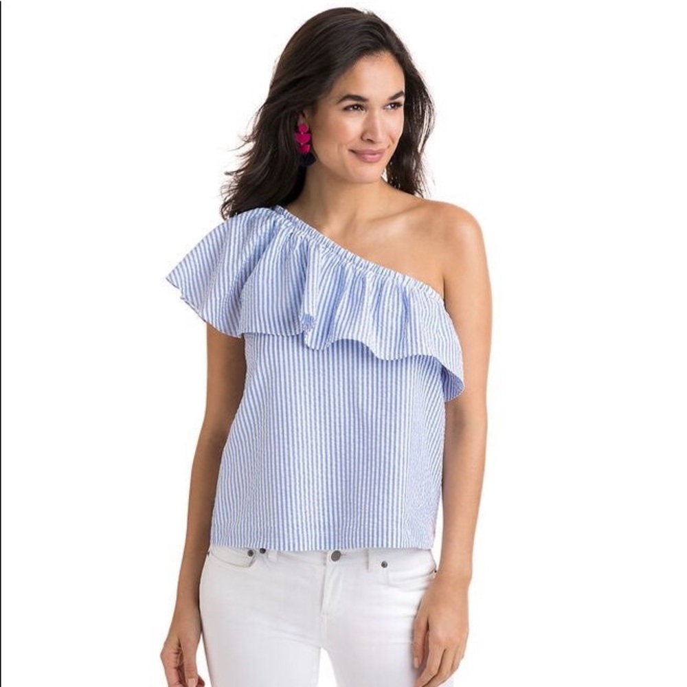 Vineyard Vines Seersucker One-Shoulder Ruffle Top